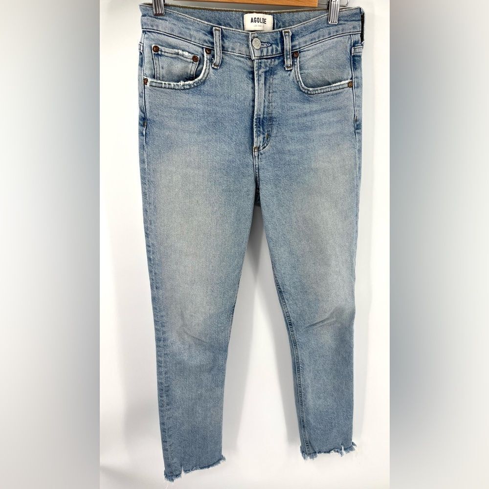 Agolde women’s Merrel mid rise straight leg light wash raw hem jean size 26